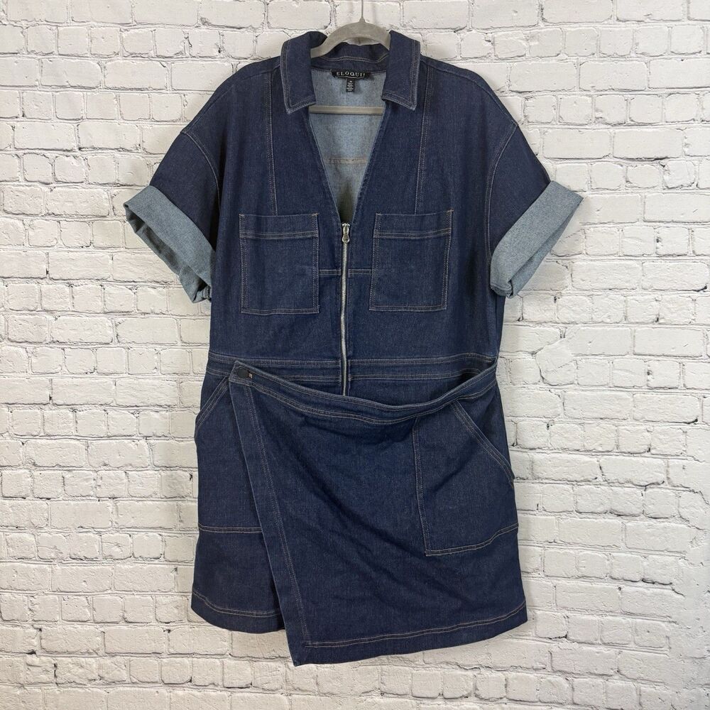 Eloquii Denim Collared Wrap Romper Women Plus Size 20 Dark Blue Utility Chic - Picture 4 of 13